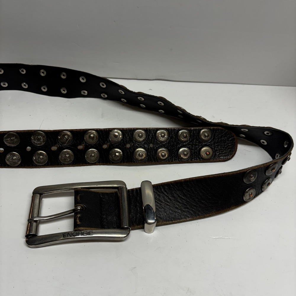 Energie Mens Black Studded Leather Belt 34 Made in Italy Punk Rock Distress Y2k - Picture 2 of 4